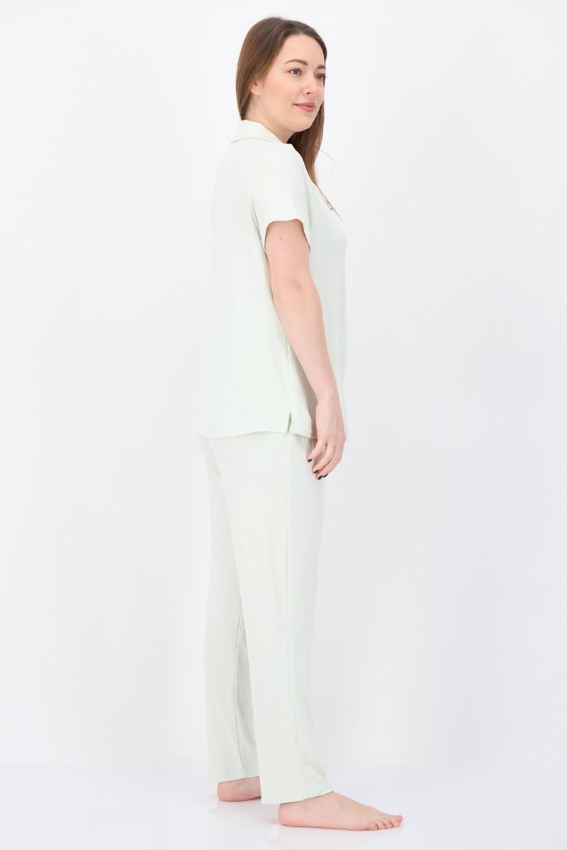 NINE WEST Women 2 Pieces Ribbed Top And Bottom Pajama Set, Pista Green - Image 3